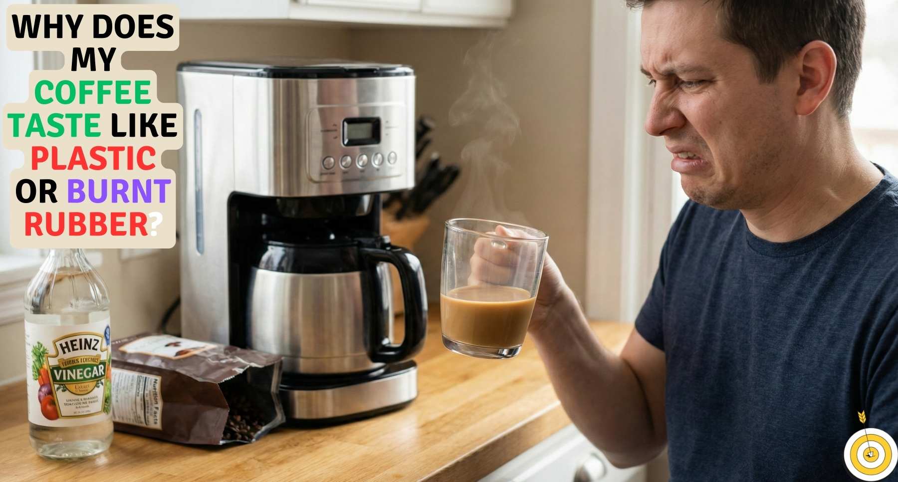 Man grimacing in disgust while holding a cup of coffee that tastes like plastic, standing next to a coffee maker and a bottle of white vinegar.