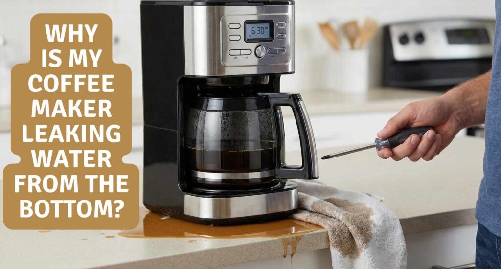 A silver drip coffee maker leaking brown water from the bottom onto a kitchen counter, with a hand holding a screwdriver and a towel ready to fix the leak.