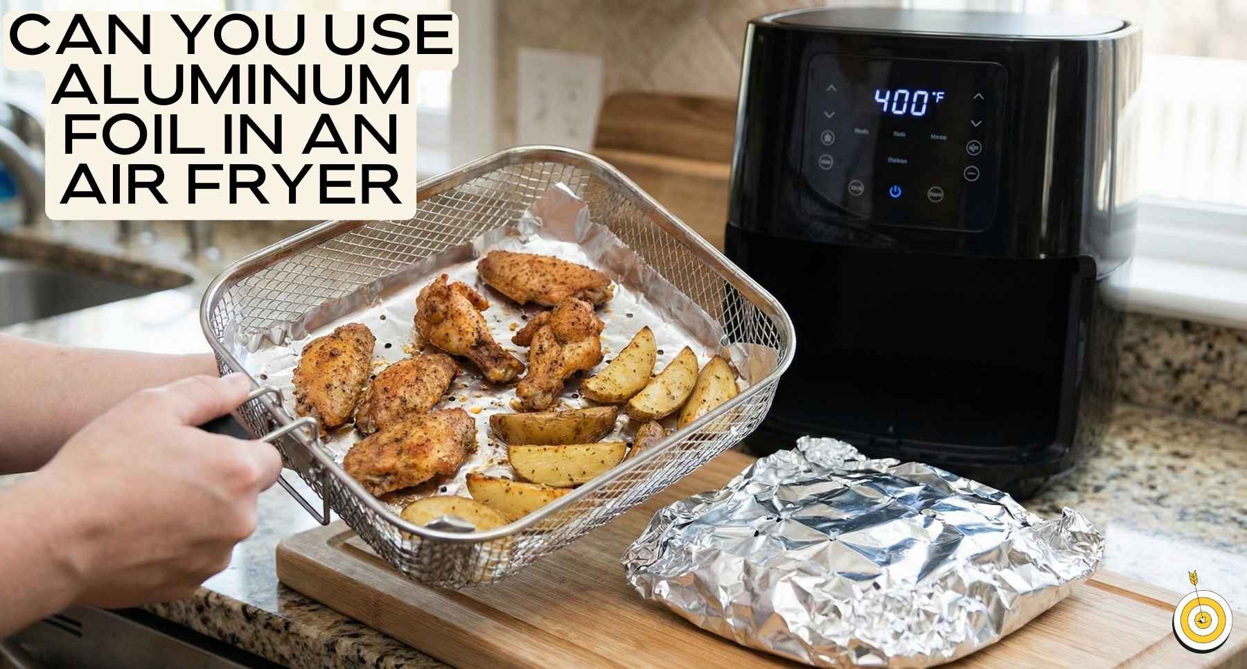 Person holding an air fryer basket lined with aluminum foil containing cooked chicken wings and potato wedges in a modern kitchen.