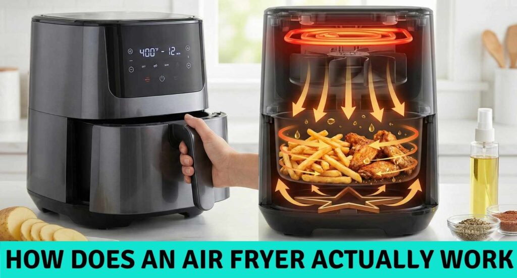 A split image showing a modern grey air fryer on a kitchen counter next to a cross-section diagram revealing the heating coil, fan, and hot air circulation cooking fries and chicken wings.