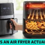A split image showing a modern grey air fryer on a kitchen counter next to a cross-section diagram revealing the heating coil, fan, and hot air circulation cooking fries and chicken wings.