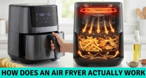 A split image showing a modern grey air fryer on a kitchen counter next to a cross-section diagram revealing the heating coil, fan, and hot air circulation cooking fries and chicken wings.