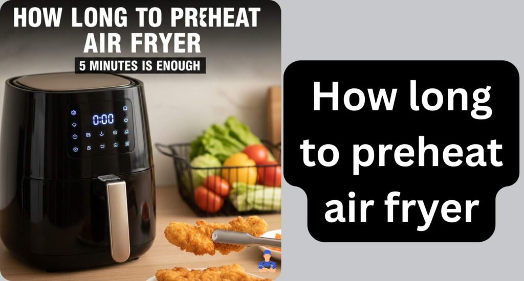 Article cover page with bold text 'How Long to Preheat Air Fryer' in impact font, creative labels, subtitle on optimal preheating time, and a kitchen scene featuring an air fryer, ingredients, and utensils.