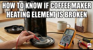 Hands use a test tool on a metal tube to show how to know if coffee maker heating element is broken.