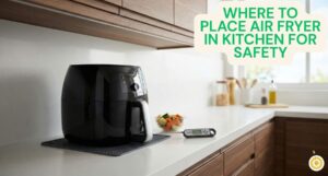 Black air fryer sitting on a silicone heat mat on a white counter, showing where to place air fryer in kitchen for safety.