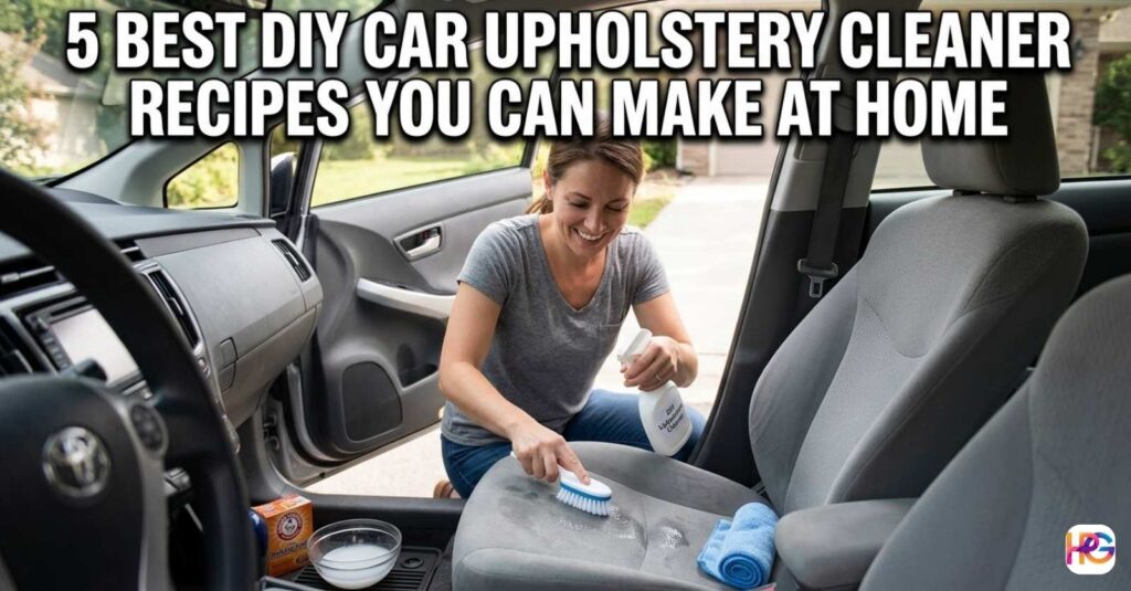 A woman inside a car using a spray bottle and scrub brush to apply one of the 5 Best DIY Car Upholstery Cleaner Recipes You Can Make at Home to a stained gray seat.
