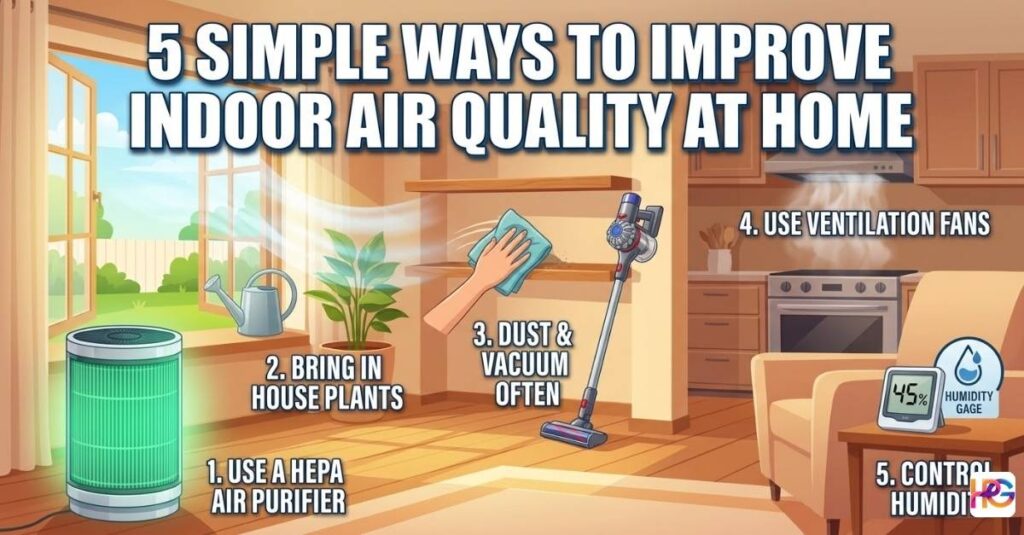 5 Simple ways to improve indoor air quality at home infographic featuring an air purifier, vacuum, and house plants.