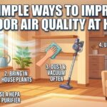 5 Simple ways to improve indoor air quality at home infographic featuring an air purifier, vacuum, and house plants.