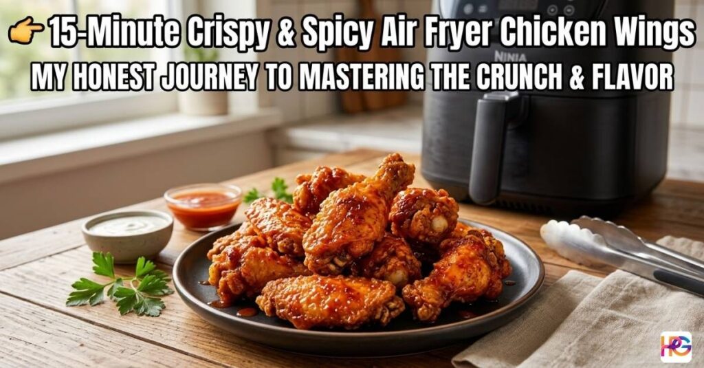 A plate of crispy air fryer chicken wings on a wooden table next to a black air fryer and small dipping bowls.