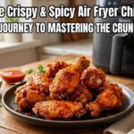 A plate of crispy air fryer chicken wings on a wooden table next to a black air fryer and small dipping bowls.