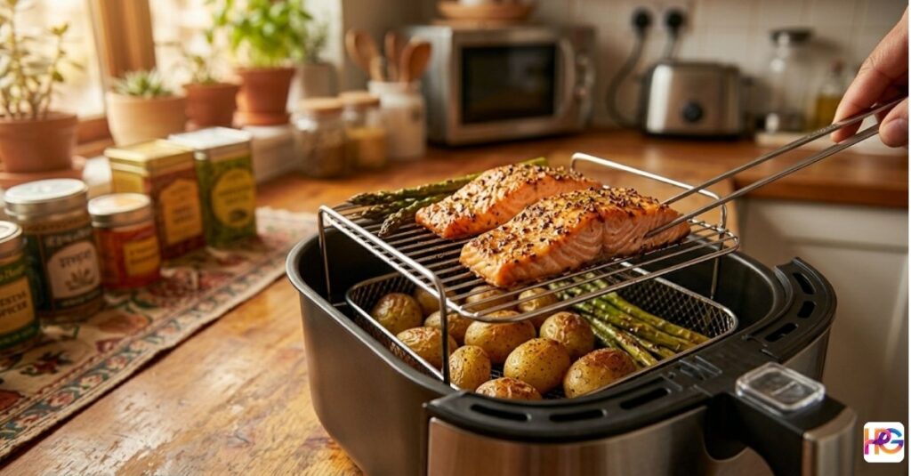 A close-up shot of an open air fryer basket on a wooden counter, showcasing a multi-layer cooking rack. On the top tier of the rack are two seasoned salmon fillets with a few asparagus spears. Below, in the main basket, are small roasted potatoes and more asparagus. A hand uses metal tongs to adjust a salmon fillet. The background shows a warm, sunlit kitchen with blurred appliances and spice jars.