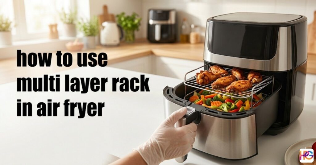 An open air fryer basket with a gloved hand pulling it forward. A two-tier metal rack holds cooked chicken wings on the top shelf over assorted mixed vegetables on the bottom. Text reads: "how to use multi layer rack in air fryer".