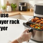 An open air fryer basket with a gloved hand pulling it forward. A two-tier metal rack holds cooked chicken wings on the top shelf over assorted mixed vegetables on the bottom. Text reads: "how to use multi layer rack in air fryer".