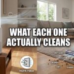 A side-by-side comparison showing an air purifier filtering floating dust and allergens versus a vacuum cleaner sucking up heavy dirt and pet hair from a carpet.
