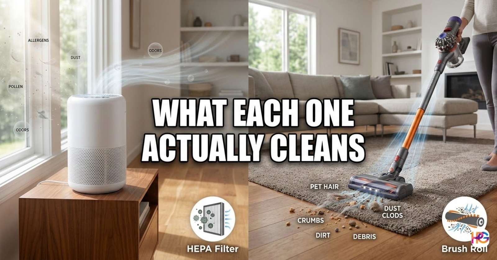 A side-by-side comparison showing an air purifier filtering floating dust and allergens versus a vacuum cleaner sucking up heavy dirt and pet hair from a carpet.