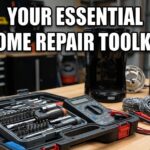 A multi-bit screwdriver set, a digital multimeter, and non-abrasive scrubbers on a wooden workbench for basic home appliance repair.