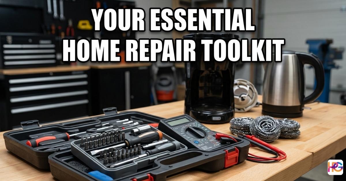 A multi-bit screwdriver set, a digital multimeter, and non-abrasive scrubbers on a wooden workbench for basic home appliance repair.