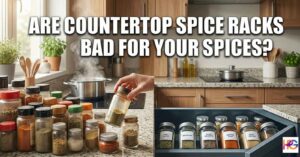 Countertop spice rack with glass jars near a stove and sunlight, showing heat and light exposure in a kitchen.