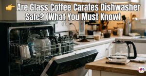 A glass coffee carafe sitting inside an open dishwasher rack and another carafe on a wooden kitchen counter with text overlay: Are Glass Coffee Carafes Dishwasher Safe? (What You Must Know).