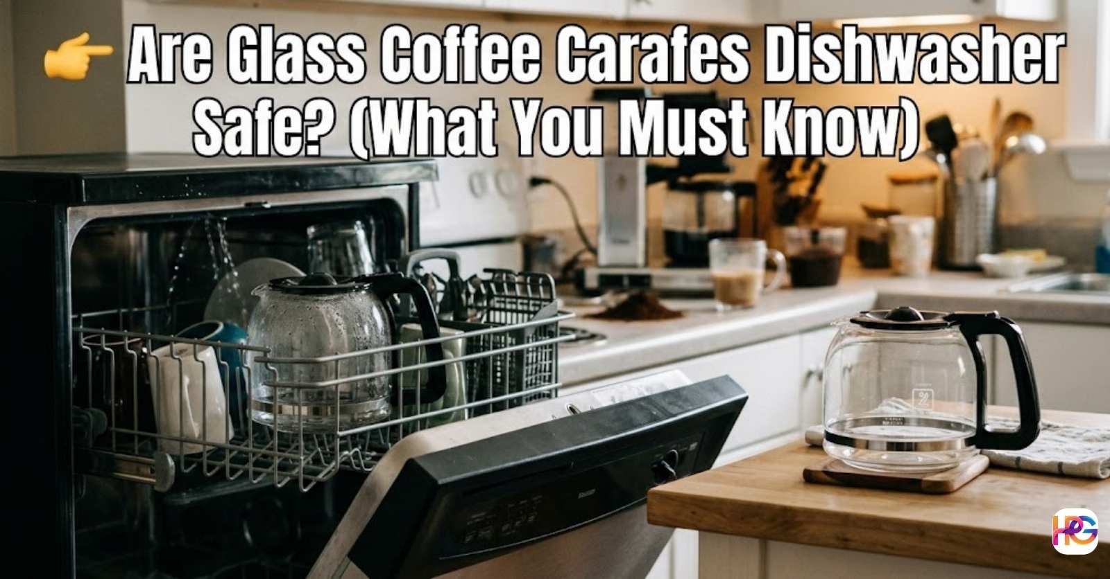 A glass coffee carafe sitting inside an open dishwasher rack and another carafe on a wooden kitchen counter with text overlay: Are Glass Coffee Carafes Dishwasher Safe? (What You Must Know).