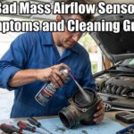 A man in a bright garage uses special spray to clean a car part for a Bad Mass Airflow Sensor Symptoms and Cleaning Guide.