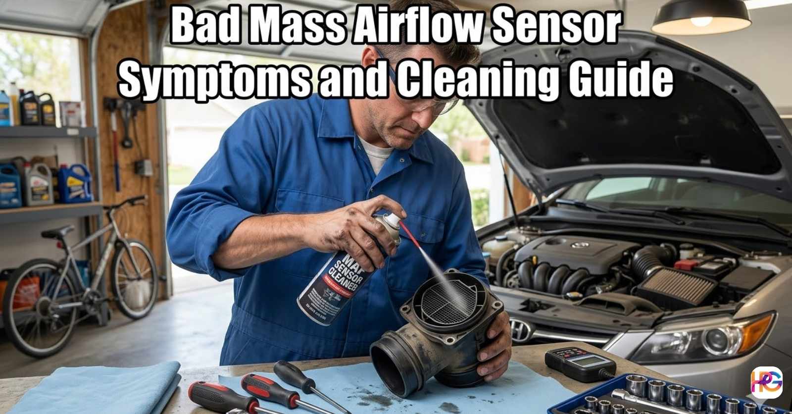 A man in a bright garage uses special spray to clean a car part for a Bad Mass Airflow Sensor Symptoms and Cleaning Guide.