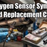 Gloved hand holding a dirty old oxygen sensor next to a new sensor, mechanic tools, cash, and an OBD2 scanner showing code P0130 to illustrate bad oxygen sensor symptoms and replacement cost.
