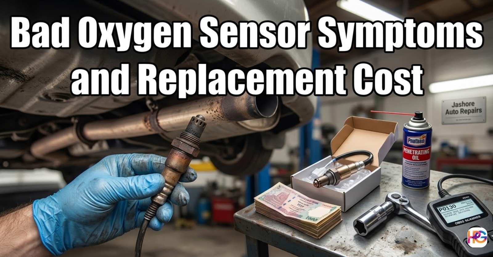 Gloved hand holding a dirty old oxygen sensor next to a new sensor, mechanic tools, cash, and an OBD2 scanner showing code P0130 to illustrate bad oxygen sensor symptoms and replacement cost.