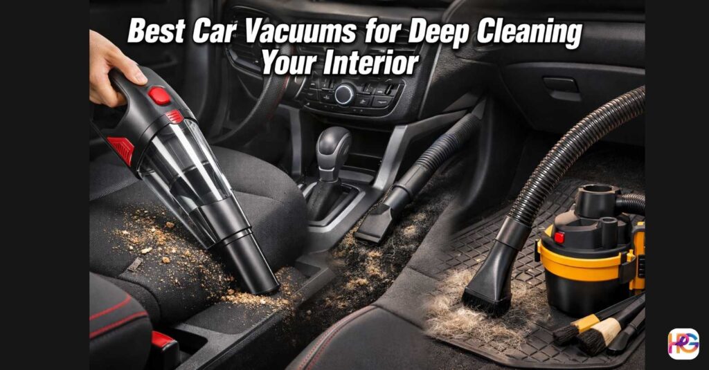 A man in a driveway using a powerful deep cleaning vacuum for car to remove heavy dust and debris from floor mats.