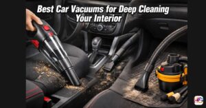 A man in a driveway using a powerful deep cleaning vacuum for car to remove heavy dust and debris from floor mats.