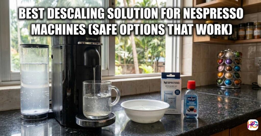 Nespresso Vertuo machine on a kitchen counter undergoing a descaling cycle with a bottle of Durgol and a Nespresso descaling kit nearby.