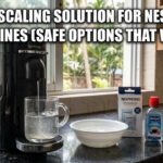 Nespresso Vertuo machine on a kitchen counter undergoing a descaling cycle with a bottle of Durgol and a Nespresso descaling kit nearby.