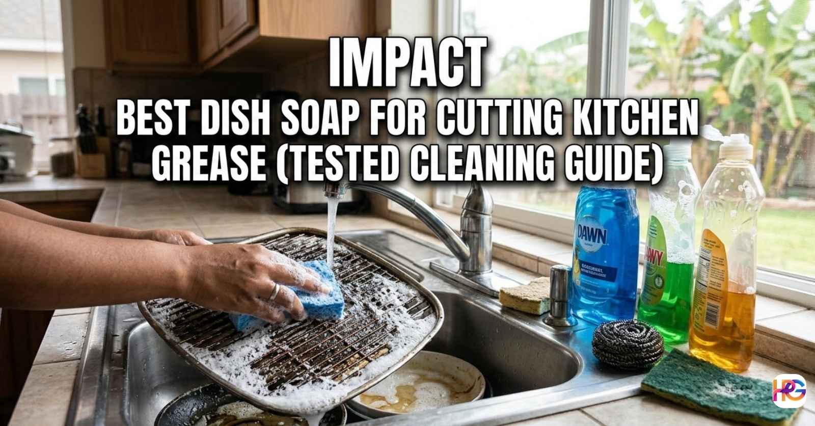 A person scrubbing a greasy metal air fryer grate in a kitchen sink with a blue sponge and soapy water to demonstrate the best dish soap for cutting kitchen grease.