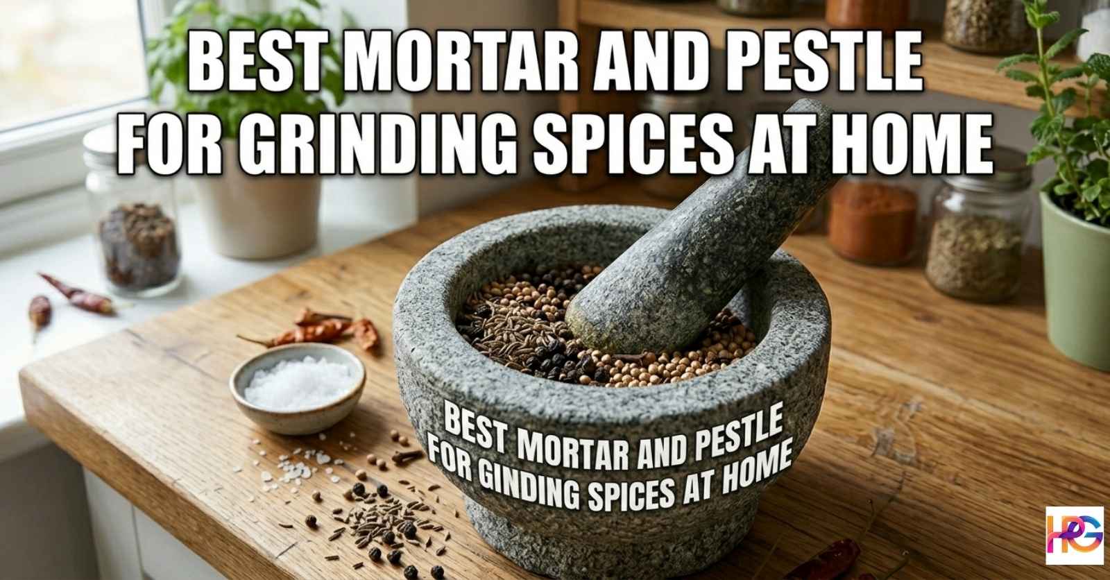 A heavy granite mortar and pestle for grinding spices at home filled with peppercorns and cumin seeds on a wooden kitchen counter.