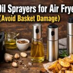 Reusable oil sprayer misting oil into an air fryer basket with text Best Oil Sprayers for Air Fryers (Avoid Basket Damage)