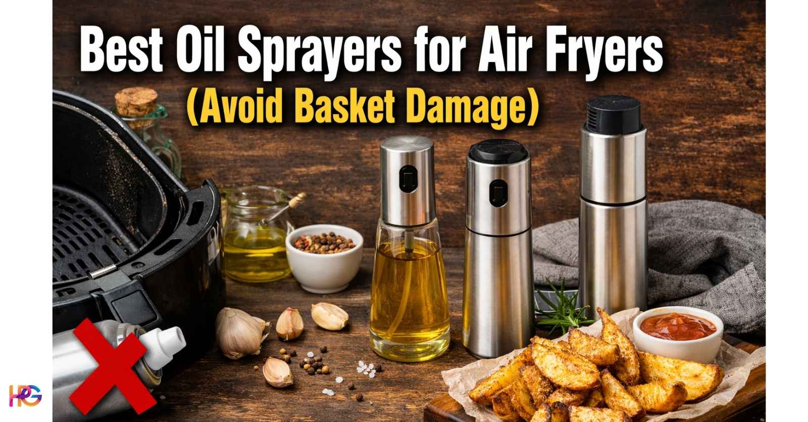 Reusable oil sprayer misting oil into an air fryer basket with text Best Oil Sprayers for Air Fryers (Avoid Basket Damage)