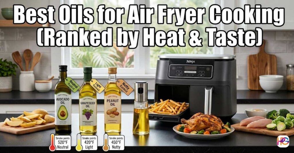 A kitchen counter showing a Ninja air fryer, fresh food, and three glass bottles to find the Best Oils for Air Fryer Cooking (Ranked by Heat & Taste).