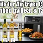 A kitchen counter showing a Ninja air fryer, fresh food, and three glass bottles to find the Best Oils for Air Fryer Cooking (Ranked by Heat & Taste).