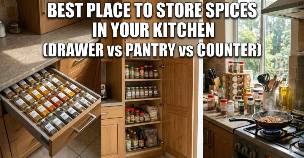 A split view showing the best place to store spices in your kitchen, comparing an organized pull-out drawer, a wooden pantry shelf, and an open countertop next to a hot stove.