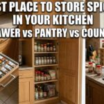 A split view showing the best place to store spices in your kitchen, comparing an organized pull-out drawer, a wooden pantry shelf, and an open countertop next to a hot stove.