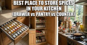 A split view showing the best place to store spices in your kitchen, comparing an organized pull-out drawer, a wooden pantry shelf, and an open countertop next to a hot stove.