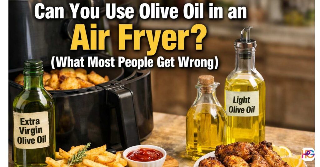Air fryer with fries and chicken wings beside bottles of extra virgin and light olive oil, with headline text about using olive oil in an air fryer.
