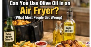 Air fryer with fries and chicken wings beside bottles of extra virgin and light olive oil, with headline text about using olive oil in an air fryer.