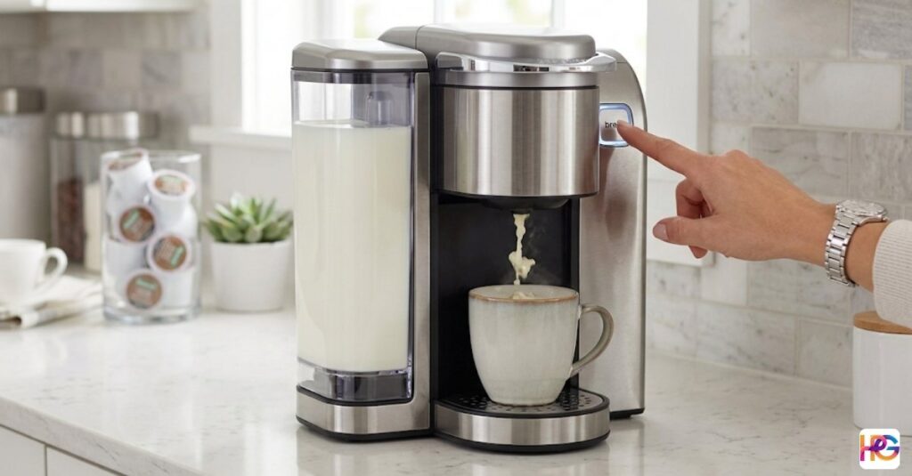 A photo of a stainless steel single-serve coffee maker on a kitchen counter. A person is pressing the start button. Crucially, the transparent water reservoir is filled with white milk, not water, and a pale, milky liquid is dispensing into a waiting mug.
