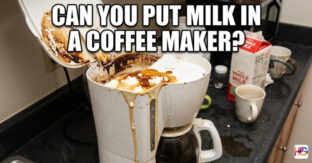 A messy white drip coffee maker overflowing with scorched brown stains and white milk residue, featuring the text "Can you put milk in a coffee maker?" in bold Impact font.