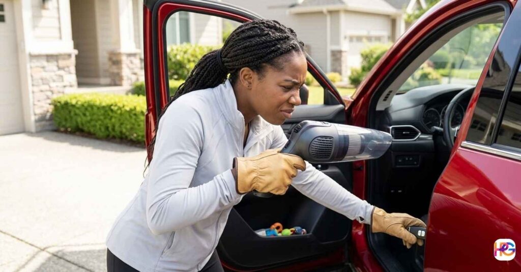 Car Vacuum Smells Like Burning Why Does My Vacuum Smell Bad (1) A woman wearing work gloves stands next to an open red car in a driveway, looking disgusted as she inspects a smelly handheld car vacuum.