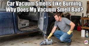 A man in a garage looking confused at a smoking handheld car vacuum next to his truck, with the text "Car Vacuum Smells Like Burning: Why Does My Vacuum Smell Bad?" overlaid at the top.