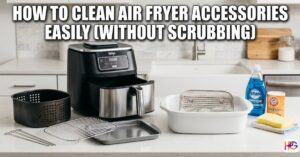 A Ninja air fryer sits on a clean white counter. It has dirty metal racks and a basket next to it. One rack is soaking in a bowl of soapy water. Blue soap and baking soda are on the table. The text says How to Clean Air Fryer Accessories Easily (Without Scrubbing).