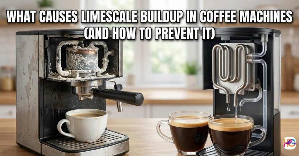 A side-by-side comparison of two coffee machines. One machine has thick white limescale buildup on internal pipes. The other machine is clean with clear water flow. Text at the top reads: What Causes Limescale Buildup in Coffee Machines (And How to Prevent It).