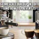 A side-by-side comparison of two coffee machines. One machine has thick white limescale buildup on internal pipes. The other machine is clean with clear water flow. Text at the top reads: What Causes Limescale Buildup in Coffee Machines (And How to Prevent It).